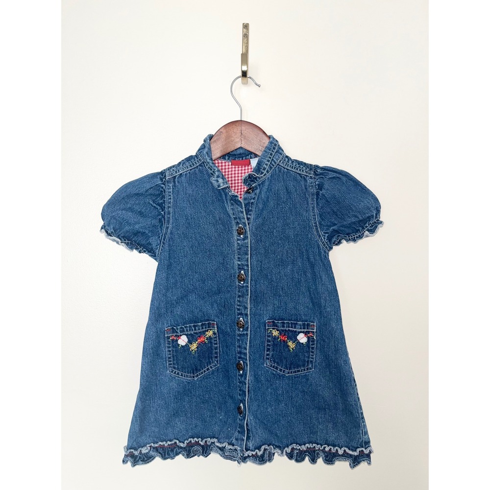 ARIZONA Vintage 90s Girls 4T‎ Denim Dress Embroidered Pockets Ruffle Hem Buttons